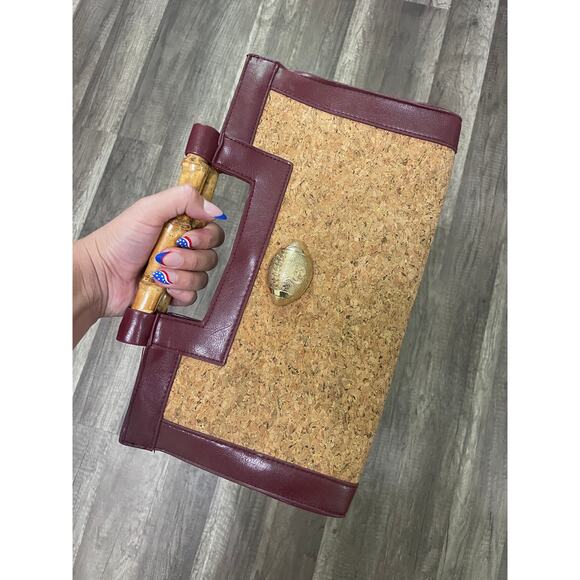 Diana E Kelly CORK GLITTER Handbag MaroonTrim Gold Football w/ Bamboo Handle - Picture 7 of 9